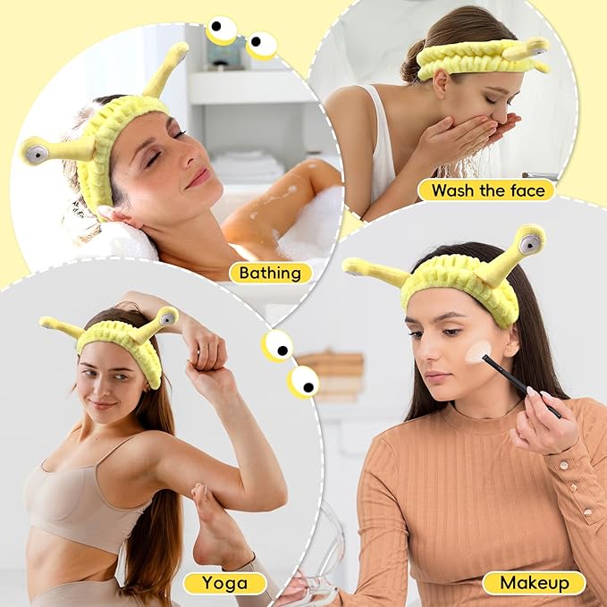 Face Wash Headband, Skincare Wrist Bands for Washing Face Set Spa Hair Bands Gift for Women Girls with a Hair Scrunchie, Cute Yellow snail tentacle Elastic Headband, for Face Washing Makeup Skincare