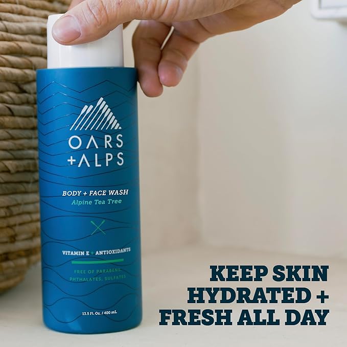 Oars + Alps Body Wash for Men, Mens Body Wash & Face Cleanser with Vitamin E & Antioxidants, Moisturizing, Paraben & Sulfate Free Cleanser, Alpine Tea Tree, 1pk