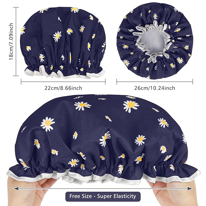 Waterproof Shower Caps for Women, Pattern And Solid Color Dual-Layer Design For Dual-Layer Usable, Protects Hair In Shower, Cooking, Spa, Clean & Travel (Daisy Blue)