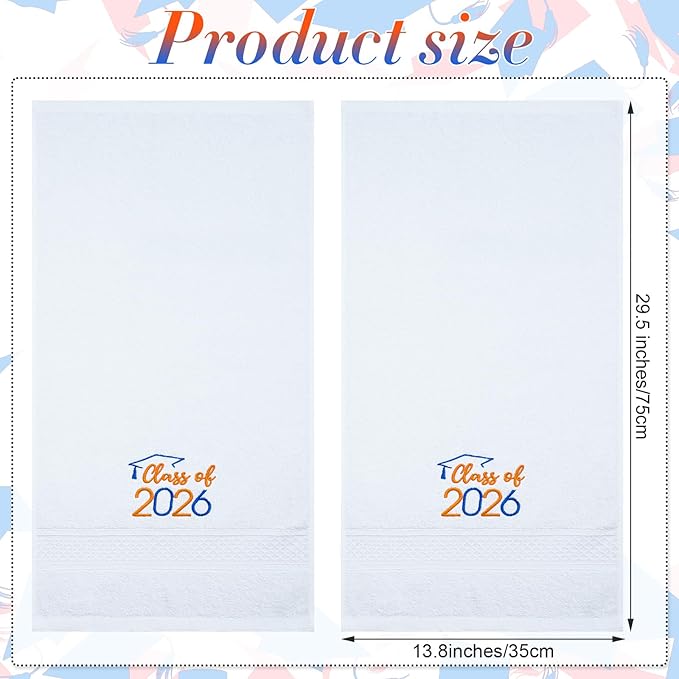 MASHAN Class of 2026 Graduation Hand Towels 3 Pack,100% Cotton Soft Absorbent Bathroom Towels,Senior 2026 Graduation Gift for Girls Boys,Blue Orange Decorative Towels 14x30 Inch