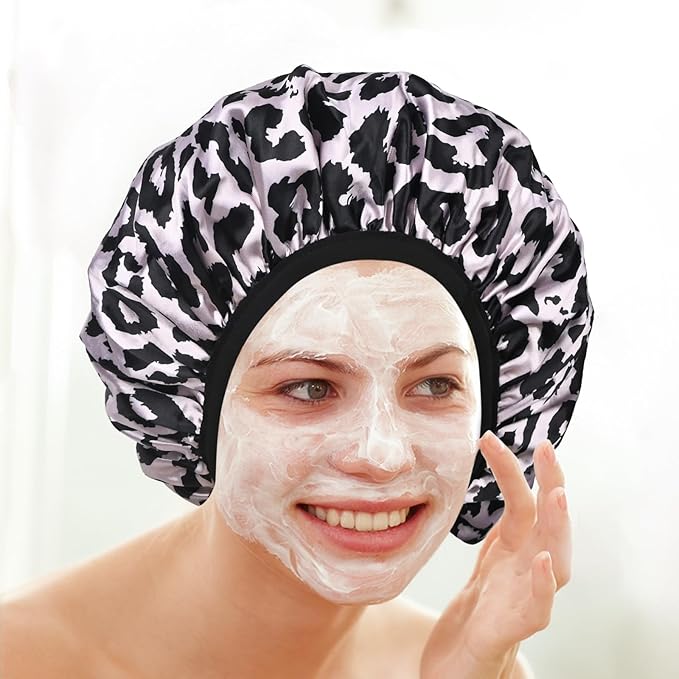 Pink Leopard Print Satin Shower Cap, Three-Layer Terry Cloth Lined, with Silk Hair Ties, Microfiber Waterproof Reusable Large Size Shower Cap for Women Long Thick Hair