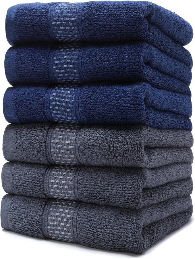 Cotton Hand Towels Set, 6-Piece Set(14in x 29.5in), Super Absorbent Quick Drying,Soft,Bathroom Towels,Suitable for Gyms,Kitchen,Gift(Dark Grey,Dark Blue)