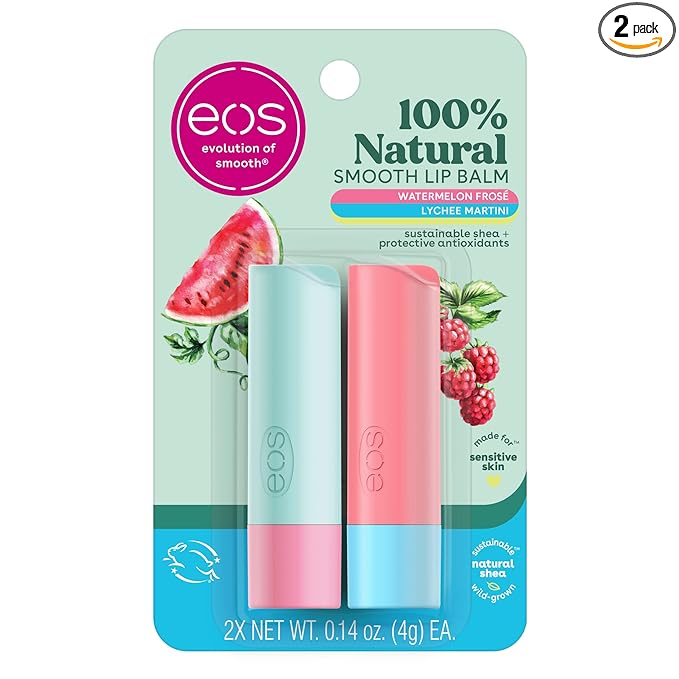 eos 100% Natural Lip Balm Sticks - Watermelon Frosé and Lychee Martini, All-Day Moisture, Dermatologist Recommended, All Natural Lip Balm, 0.14 oz, 2-Pack