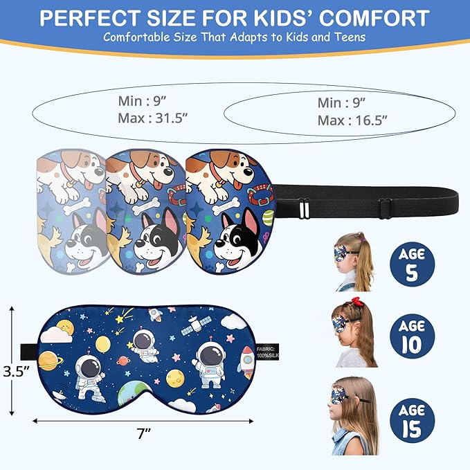 Kids Silk Sleep Mask: 100% Mulberry Silk Eye Mask with Adjustable Strap, Cute Sleeping Blindfold for Boys Girls Teens, Soft & Lightweight Eye Shade for Travel, Nap, Bedtime (Space Style)