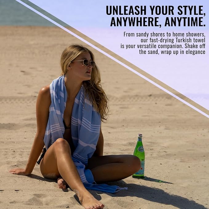 Beach Towel 100% Cotton Turkish Beach Towel Adult 38x70 Inch Pre-washed Absorbent Extra Large|Sand Free Quick Dry BathTowels|Lightweight Blanket|Travel Cruise Camping Spa Gym Yoga Towel|Airy Blue