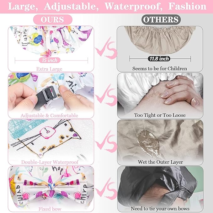 2 PCS Shower Caps, Reusable & Extra Large & Adjustable & Double Layer Waterproof Bow Knot Hair Reusable Cap for Women, Waterproof Outer & EVA Lining, for Shower, Spa, Makeup