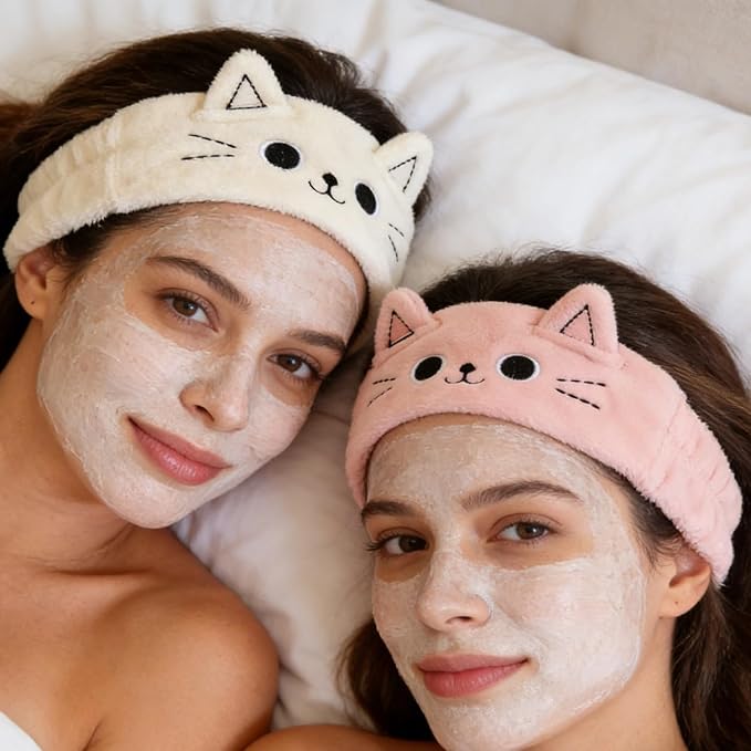 2 PCS Cute Cat Ear Spa Headband For Washing Face, Skincare Makeup Headbands For Women, Soft Coral Fleece Hair Accessories (Beige+ Pink)