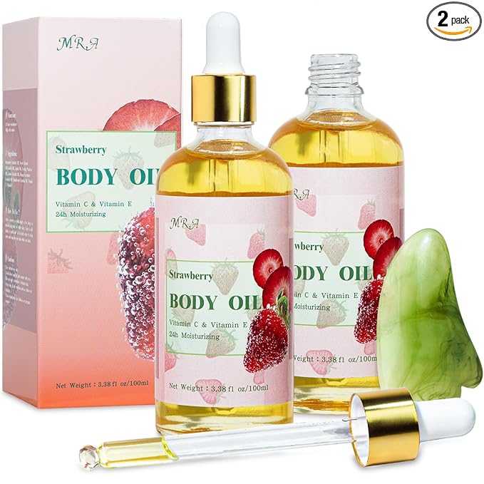 MR.A 2 Pack Strawberry Body Oil Juice Scented, Vitamin E Body Oil after Shower, Strawberry Shortcake Body Moisturizer Bath Oil for Dry Skin, Guasha Oil with Guasha Tool