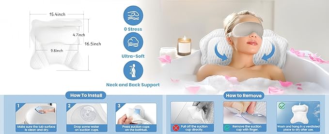 Bath Pillow, Luxury Bathtub Pillows for Neck and Back Support,Bath Tub Pillow with Soft 4D Breathable Mesh Fabric and Nonslip Suction Cups,Relaxing Bath Accessories Spa Gifts .(Wave White)
