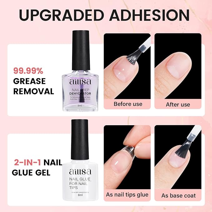 AILLSA Nail Extension Kit Short Almond Nail Tips 240pcs with 2 In 1 Nail Glue Base Coat and Nail Dehydrator, Gel Nail Tips Kit with Nail Lamp Top Coat for Starters Home Salon