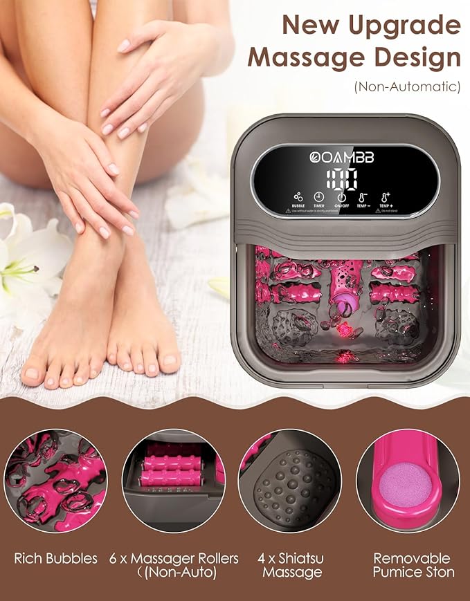 OOAMBB Collapsible Foot Spa with Heat, Bubble and Temp Control, Foot Bath Massager with XL Touch Screen and Massage Rollers, Foot Soaking Tub, Pedicure Foot spa for Stress Relief (Dark Grey +Green)
