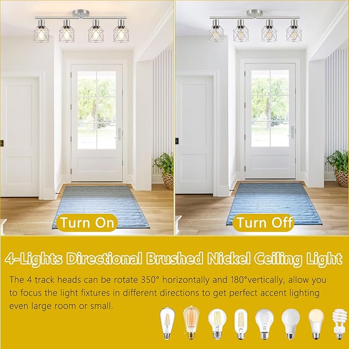 Baocuz 4-Light Kitchen Lighting Fixtures, Adjustable Multi-Directional Brushed Nickel Track Ceiling Light, Semi Flush Mount Ceiling Spotlight with Wire Cages for Living Room, Bedroom, Hallway