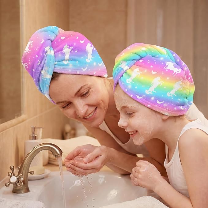 Microfiber Hair Towel Wrap for Kids Hair Drying Towel Wrap with Button 2 Pack Wet Hair Towel Wrap Head Towels Wrap for Girls