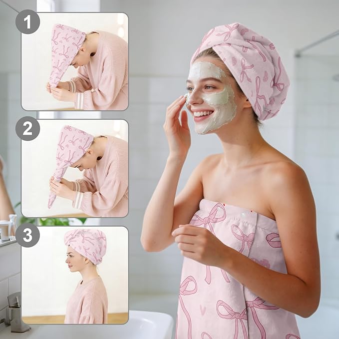 Absorbent Bath Towel Wrap Set for Women, Pink Bowknot Print Towel Wrap After Shower, Microfiber Shower Robe Body Towel Wraps for Women, Quick Dry Hair Towels Wraps for Spa Hotel Beach Girl