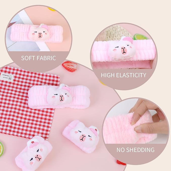 Kawaii Spa Headband and Wristband Set for Women Girls, Cute Halloween Skincare Headbands for Face Washing, Fluffy Makeup Headband for Washing Face Bath Shower and Beauty, Pink Capybara