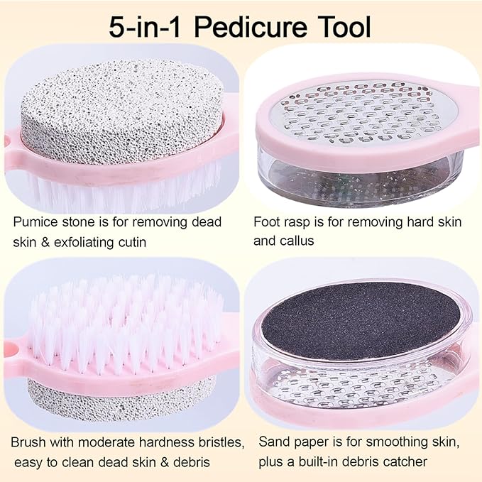 Foot Scrubber Brush with Pumice Stone for Feet, 5-in-1 Foot File Callus Remover, Stainless Steel Feet Scraper, Cleaning Brush and Sand Paper Debris Catcher, Multi Purpose for Home Foot Care