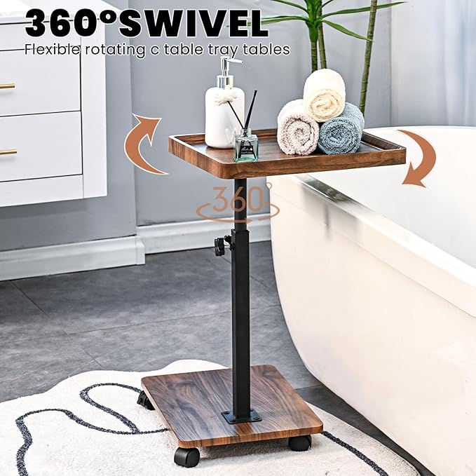C Table End Table Adjustable Height,C Shaped End for Couch，Snack Tables,360°Swivel TV Tray Sofa Table,Tables that Slide Under,Coffee SideTable for Bed,Chair,Bath-tub (Black Color)