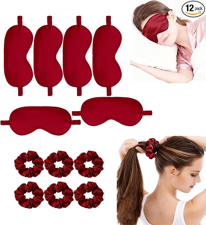 12Pcs Silk Sleep Masks Satin Eye Mask Silky Eyes Cover Blindfold Eyeshade Hair Ties Scrunchy Travel Bridesmaids Gifts