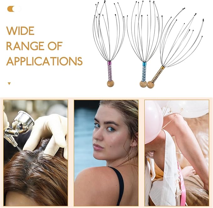 rosenice Scalp Massager Hand Held Therapeutic Head Scratcher Steel Wire Head Massager with Wooden Handle for Home Spa Relief and Relaxation (3 Packs)