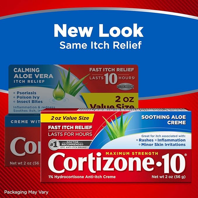 Cortizone-10 Maximum Strength Soothing Aloe Itch Relief Cream, 1% Hydrocortisone, Fast-Acting, Anti-Itch Cream for Bug Bites, Rash, Eczema, Psoriasis, Poison Ivy, Oak, Sumac & More, 2 oz (Pack of 2)