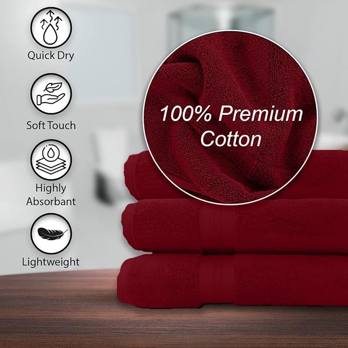 KAHAF COLLECTION 100% Cotton Bath Towels, 24x48 Pack of 6 Towels, Quick Dry, Highly Absorbent, Soft Feel Towel, Gym, Spa, Bathroom, Shower, Pool, Luxury Soft Towels (Burgundy, 24x48-6 Pack)