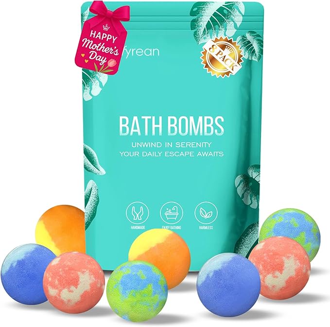 Bath Bombs, Bath Bombs for Women and Girls, Mothers day Birthday Gift, Relax Home Spa, 8 pack Organic with Essential Oil, Shea butter, Epsom salt, Non-Toxic, 4 Natural Scents, Easy to Clean