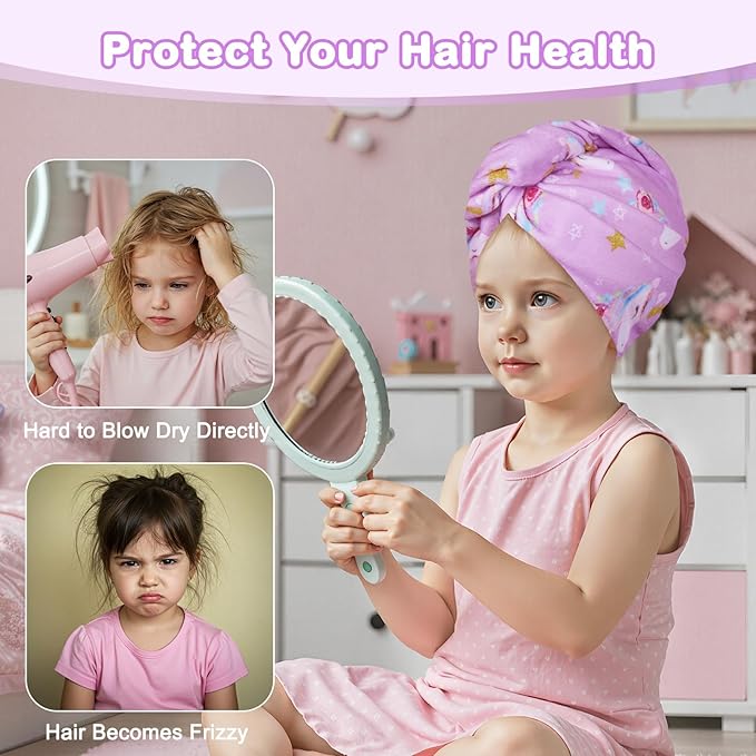 FIOBEE Microfiber Hair Towel Wrap for Kid Rapid Drying Towel Absorbent Hair Turbans for Wet Hair with Button Women Girls Long Curly Hair Pack of 2, Purple