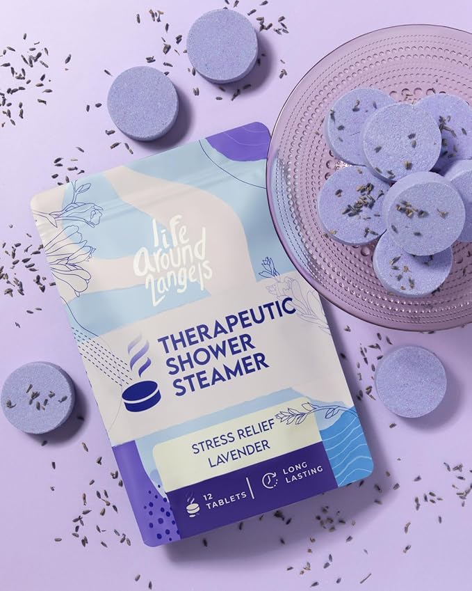 Lifearound2angels Therapeutic Shower Steamer 12 Pack Made in USA Stress Relief Lavender Shower Vapor Shower Bomb Tablets Self Care Relaxation Gifts for Women Spa Christmas Gifts Stocking Stuffer