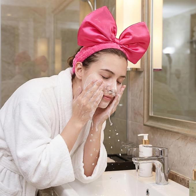 JIAHANG Large Satin Bow Facial Spa Headband, Facial Making Up Shower Skincare Hairband, Wash Face Headwrap for Women Girls