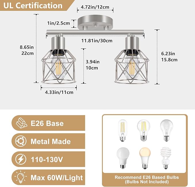 Baocuz 2-Light Brushed Nickel Semi Flush Mount Ceiling Light, Hallway Light Fixtures with Metal Wire Cage, Vintage Adjustable Track Spotlight Ceiling Fixtures for Dining Room, Farmhouse, Entryway