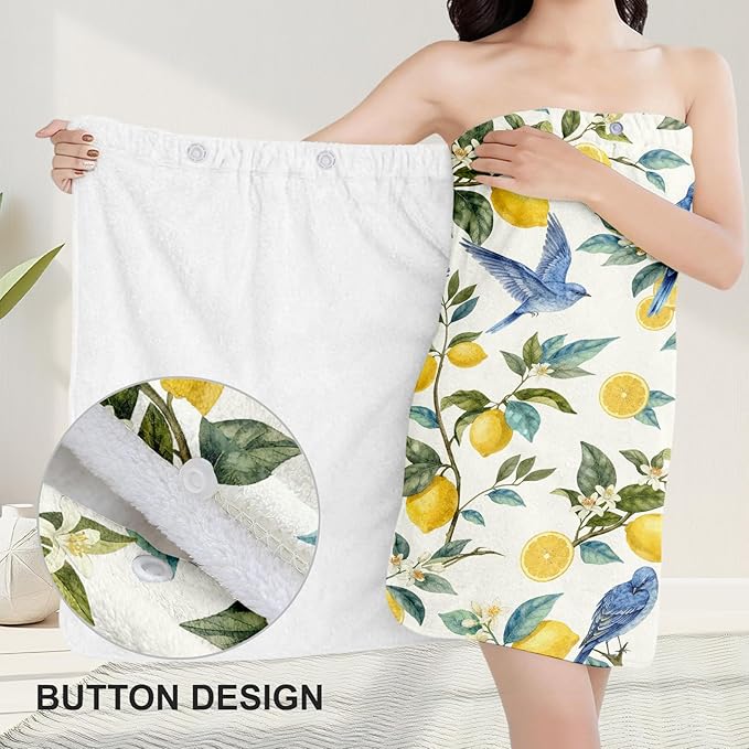 Absorbent Bath Towel Wrap Set for Women, Hummingbird Lemon Print Towel Wrap After Shower, Microfiber Shower Robe Body Towel Wraps for Women, Quick Dry Hair Towels Wraps for Spa Hotel Beach Girl