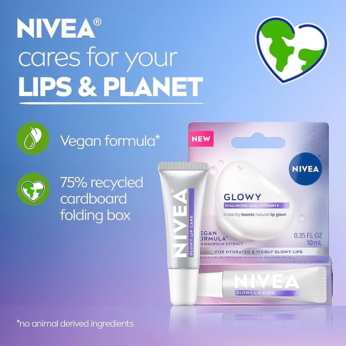 NIVEA Glowy Lips, Vegan Lip Balm with Hyaluronic Acid, Vitamin E, and Magnolia Extract, Moisturizing Lip Balm Instantly Boosts Natural Lip Glow, 0.35 Fl Oz Tube