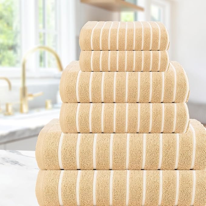 CASA COPENHAGEN Ecstatic 6Pcs 100% Egyptian Cotton Large Designer Towels Gift Set- Cream, 600GSM, 2Bath 2Hand 2Washcloths, Bath Towels for Bathroom Set for Women & Men