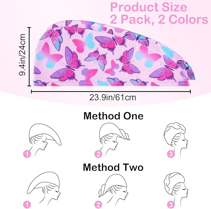 Basumee Microfiber Hair Towel Wrap for Kids 2 Pack - Rapid Drying Turbans With Button for Wet Hair - Head Towel Wrap for Women and Girls, Blue Pink Butterfly