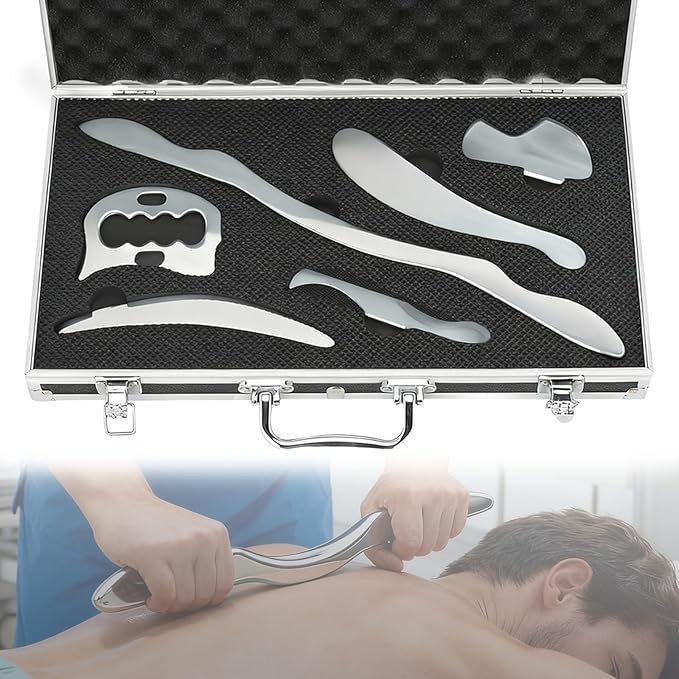 6-Piece Gua Sha Muscle Stainless Steel Scraper Massage Tool Set for Arms/Back/Shoulder Portable Physical Therapy IASTM Tools for Soft Tissue Mobilization with Carrying Case