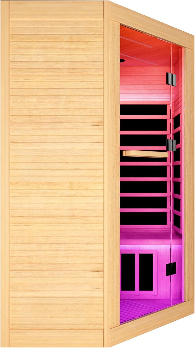 OUTEXER 2-3 Person Sauna Corner Sauna Far Infrared Saunas Room Home Canadian Hemlock Indoor 2100W Low-EMF Dry Saunas with 7 Color Therapy 47.2 * 47.2 * 74.8inch