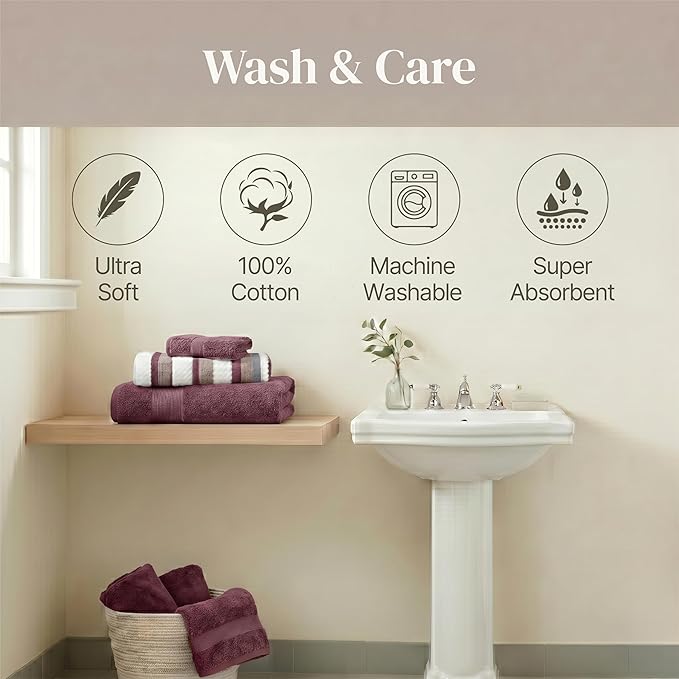Modern Threads Pax 6-Piece Reversible Yarn Dyed Jacquard Towel Set - Bath Towels, Hand Towels, & Washcloths - Super Absorbent & Quick Dry - 100% Combed Cotton, Rosewood