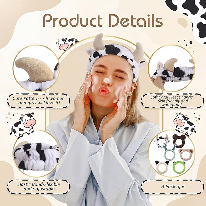 6-pack Animal Headbands Soft Coral Fleece Hair Band for Face Washing, Makeup, Skincare, Spa, Multi-color Animal Headbands for Women and Girls Gift
