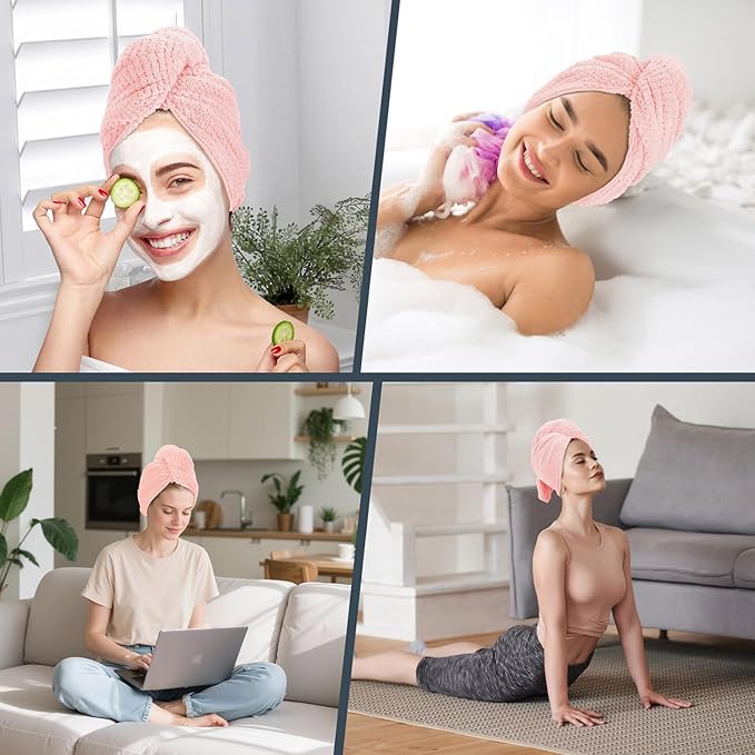 BEoffer 2 Pack Microfiber Hair Towel - 41 x 24 inches Super Soft, Absorbent, Fast Drying Without Frizz Hair Towel Wrap for Women Long, Thick, Curly Hair - Hair Turbans with Elastic Strap