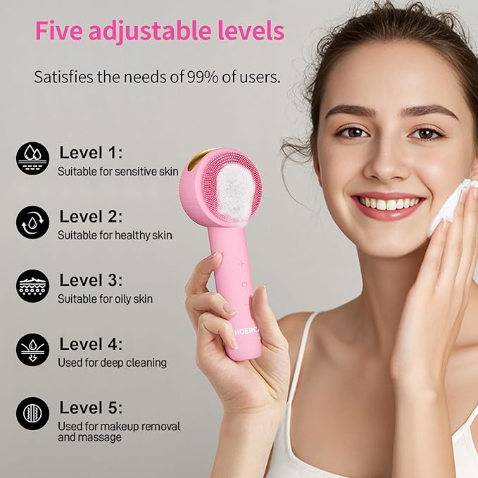 Facial Cleansing Brush Electric – Rechargeable Silicone Face Scrubber, Waterproof Vibrating Cleaner with 5 Adjustable Intensities for Deep Cleansing and Exfoliation (Pink)