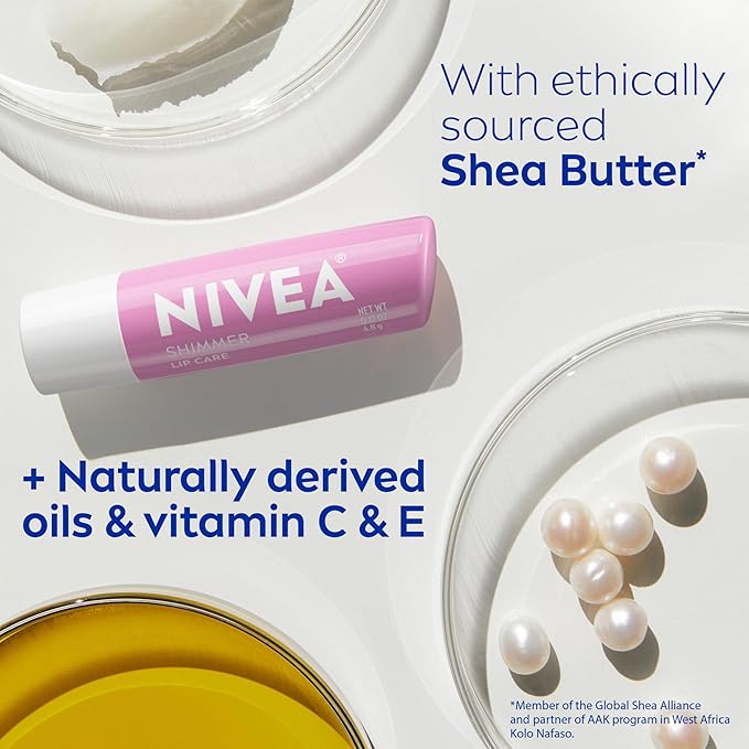 NIVEA Shimmer Lip Care, Shimmery Lip Balm Pack with Shea Butter, Nourishing Oils and Vitamin C & E, 3-in-1 Moisture, Repair and Shimmer, 0.17 Oz Stick, Pack of 4