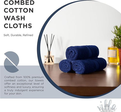 100% Cotton Wash Cloth for face & Body Set of 6, (12 x 12 inches) Sustainable, Soft, Highly Absorbent, Combed Cotton Wash Cloths Pack of 6 for Hotels, Spa, Bathroom, Dorm, Navy Blue