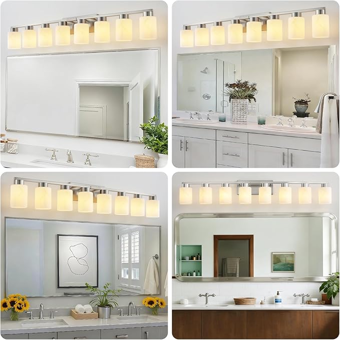 8-Light Bathroom Light Fixtures, Modern Vanity Lights, Brushed Nickel Metal Wall Lamp with White Marble Glass for Bathroom, Mirror, Living Room, Bedroom, Cabinet, Porch, Hallway, E26 Base