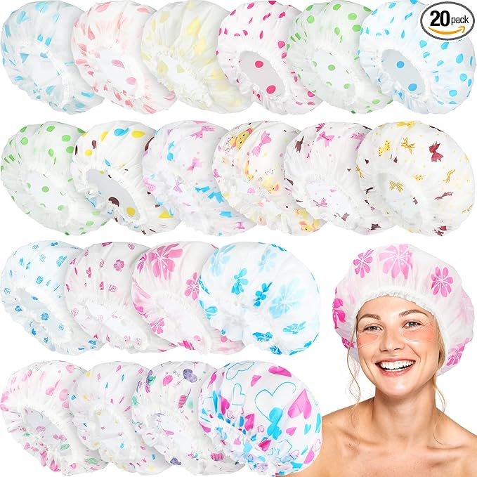 20 Pcs Reusable Plastic Shower Caps for Women, Bulk Waterproof Shower Caps Bath Hair Bonnets with Elastic Band Assorted Colors for Home, Salon & Spa