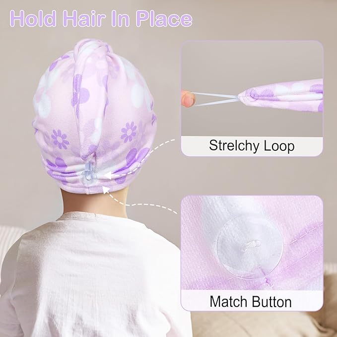 Basumee Microfiber Hair Towel Wrap for Kids 2 Pack Rapid Drying Hair Towel with Button Hair Turbans for Wet Hair Wraps Head Towel Wrap for Women and Girls