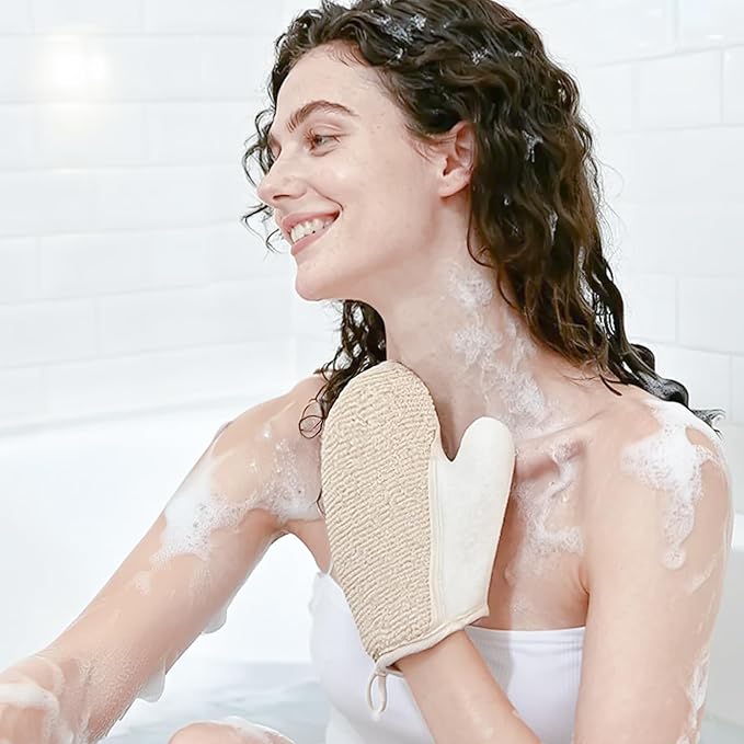 Exfoliating Glove Bath Mitts for Shower, Hemp Body Gloves for Shower Exfoliating, Body Exfoliator Glove Gentle on Skin, Deep Cleansing, 2 Pack of Shower Gloves Exfoliating for Women (White Mitt)