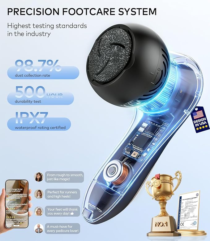Rechargeable Electric Callus Remover for Feet with Vacuum, Pumice Stone Foot File for 100% Full Foot Care Coverage, 2-Speed & 3 Grinding Heads, Ideal Gift for Dead, Hard Cracked Dry Skin, Black