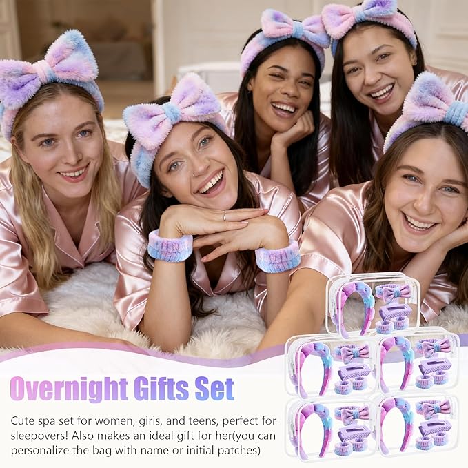 Giesiery SPA Headbands and Wristband Set for Face Washing with Clear Bag Cute Skincare Makeup Headband Wrist Bands Hair Clips for Women Teenage Girls Gifts Trendy Stuff Tie-dye Purple