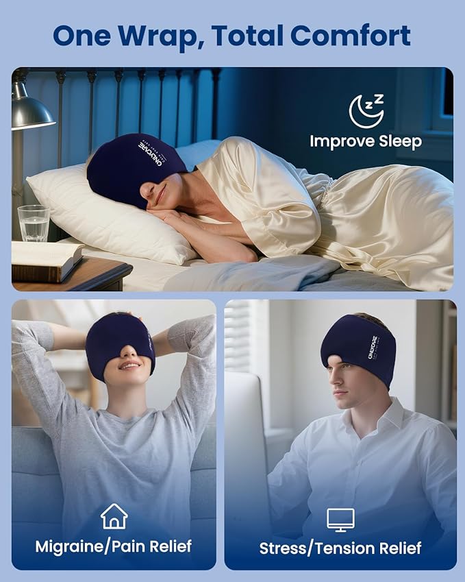 ONLYCARE Migraine Relief Cap, Upgraded Odorless Headache Relief Cap Mask Products, 360° Gel Surround Cooling Ice Pack Mask Head Wrap for Tension, Migraine, Sinus, Stress, Headaches, Hangover, Blue