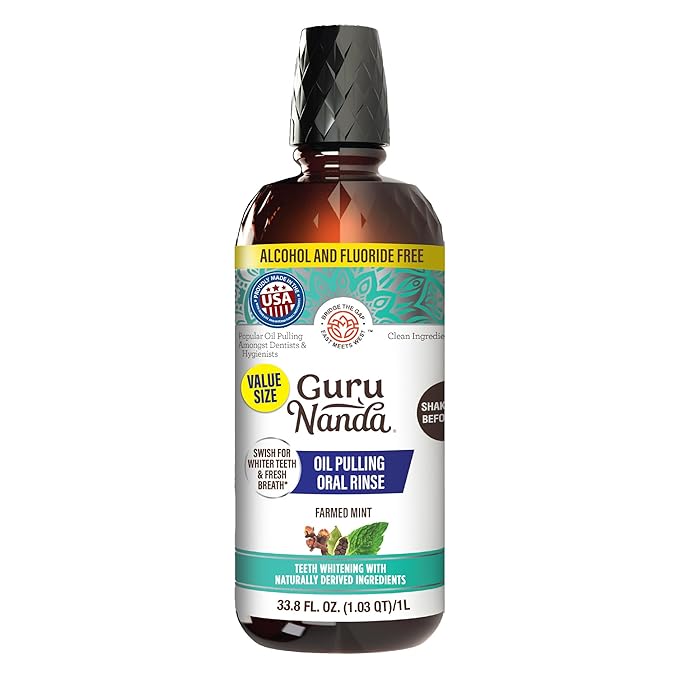 GuruNanda CocoMint Oil Pulling Mouthwash for Complete Oral Hygiene, 7 Essential Oils & Vitamins for Happy Teeth & Gums & Fresh Breath, Alcohol-Free, 33.8 Fl Oz/1L